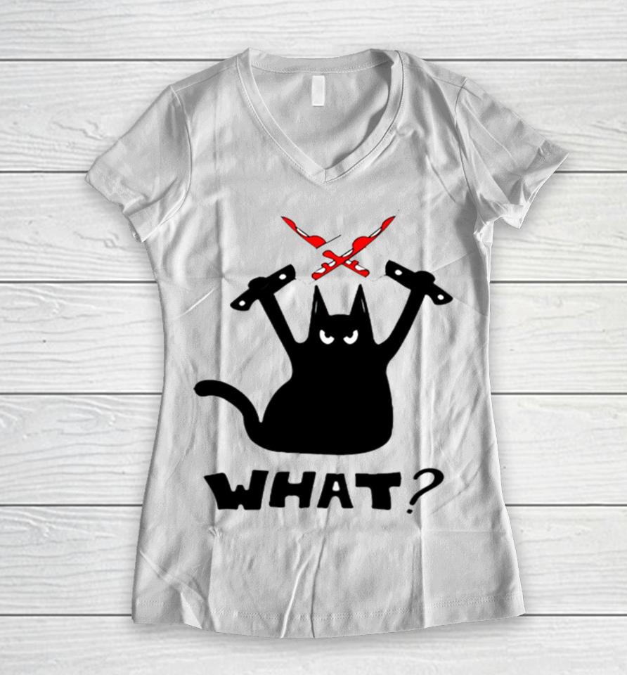 Cat Knife Merry Christmas Black Cat K Women V-Neck T-Shirt