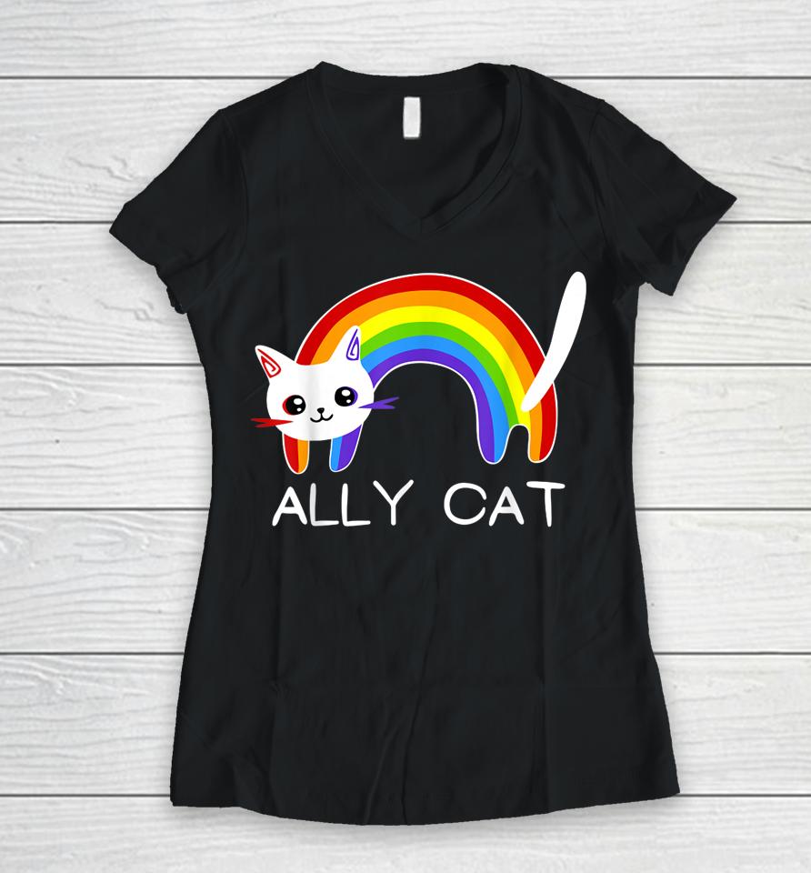 Cat Lgbt Rainbow Flag Gay Pride Month Women V-Neck T-Shirt