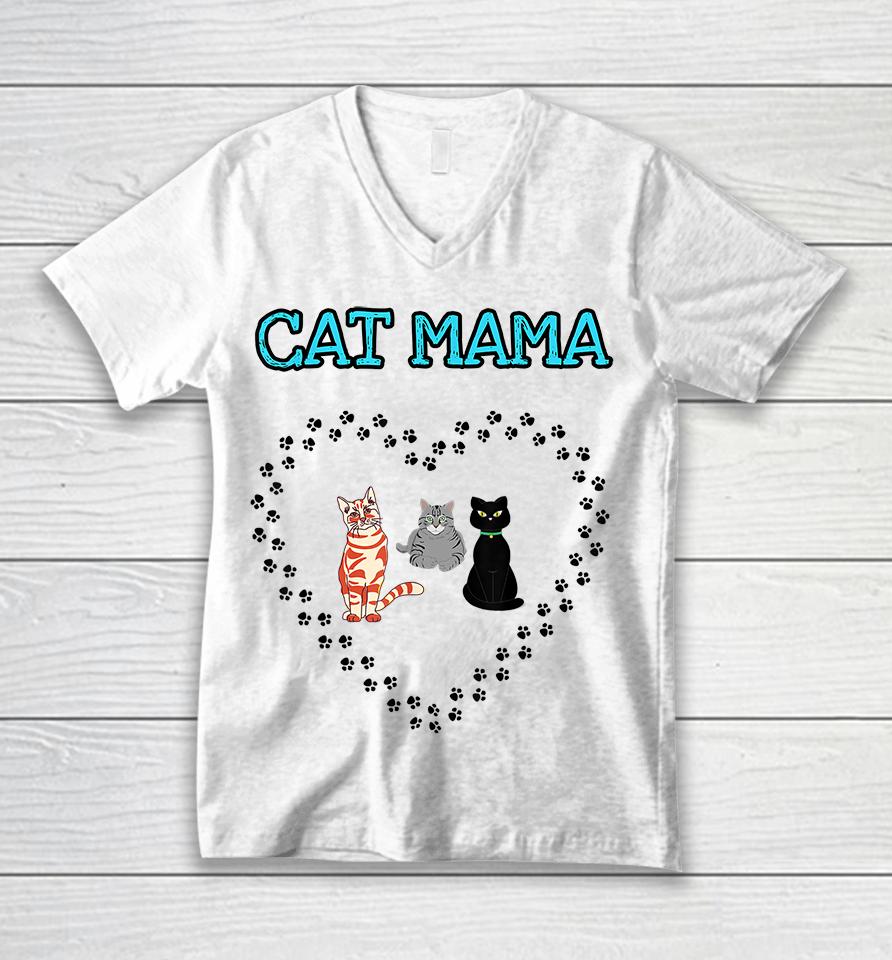 Cat Mama Heart Three Cats Lovers Unisex V-Neck T-Shirt
