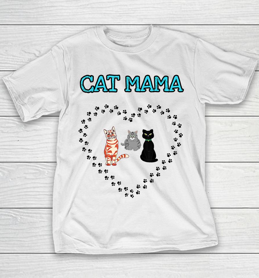 Cat Mama Heart Three Cats Lovers Youth T-Shirt