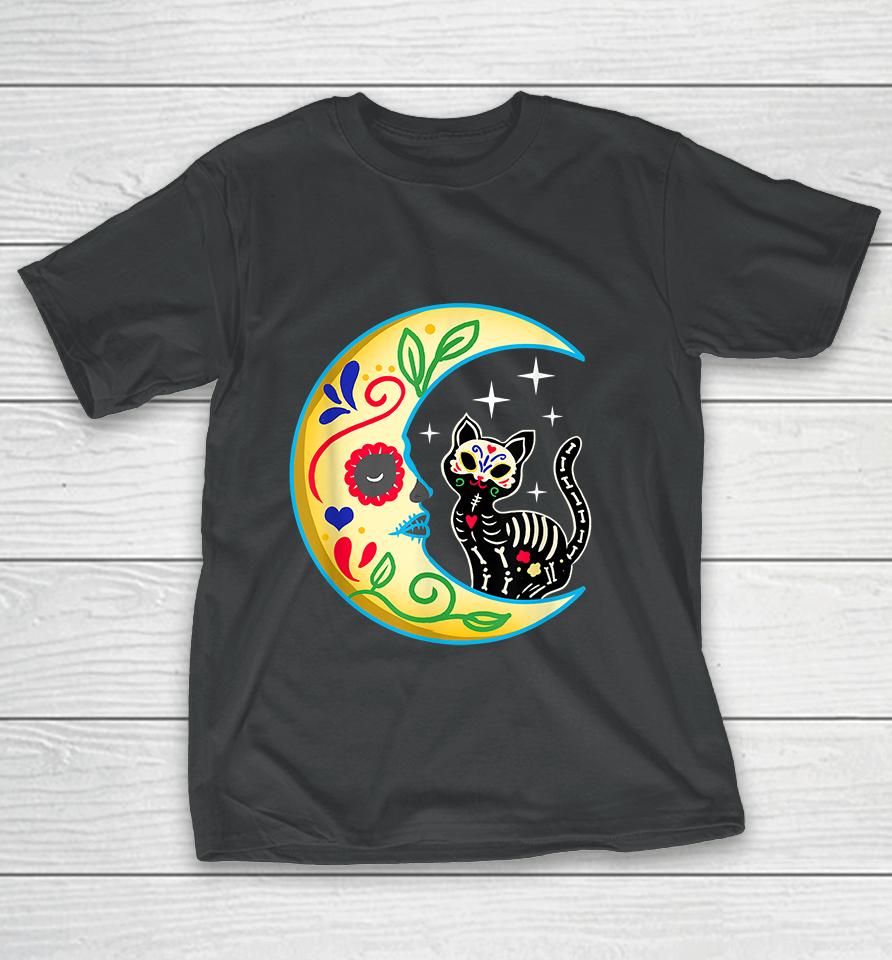 Cat &Amp; Moon Sugar Skull Dia De Los Muertos Day Of The Dead T-Shirt