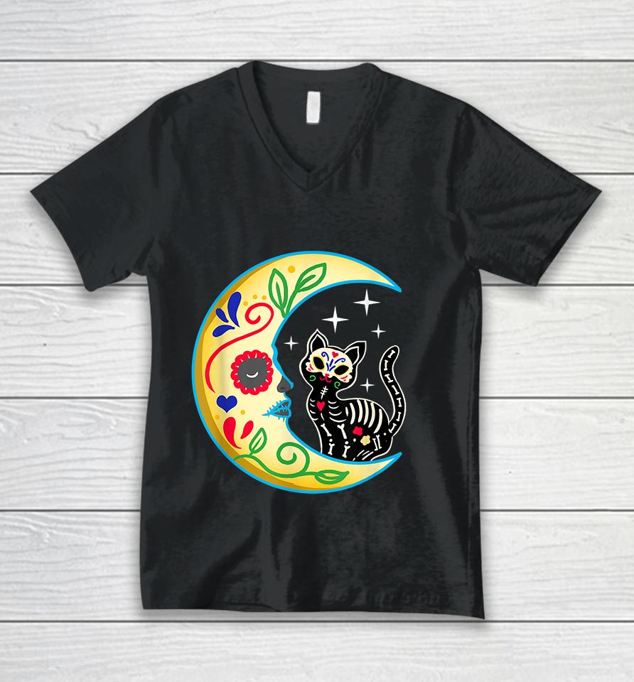 Cat &Amp; Moon Sugar Skull Dia De Los Muertos Day Of The Dead Unisex V-Neck T-Shirt