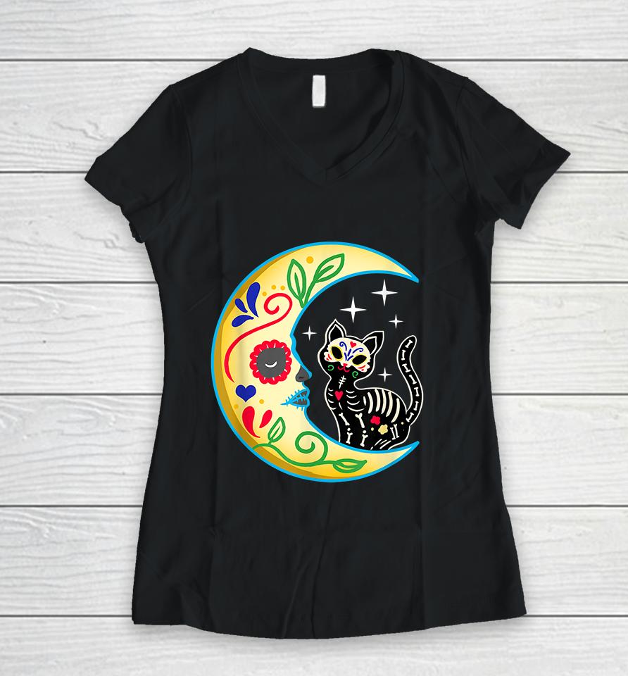 Cat &Amp; Moon Sugar Skull Dia De Los Muertos Day Of The Dead Women V-Neck T-Shirt