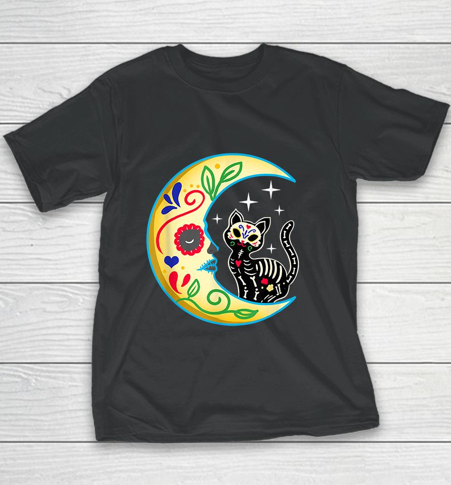 Cat &Amp; Moon Sugar Skull Dia De Los Muertos Day Of The Dead Youth T-Shirt