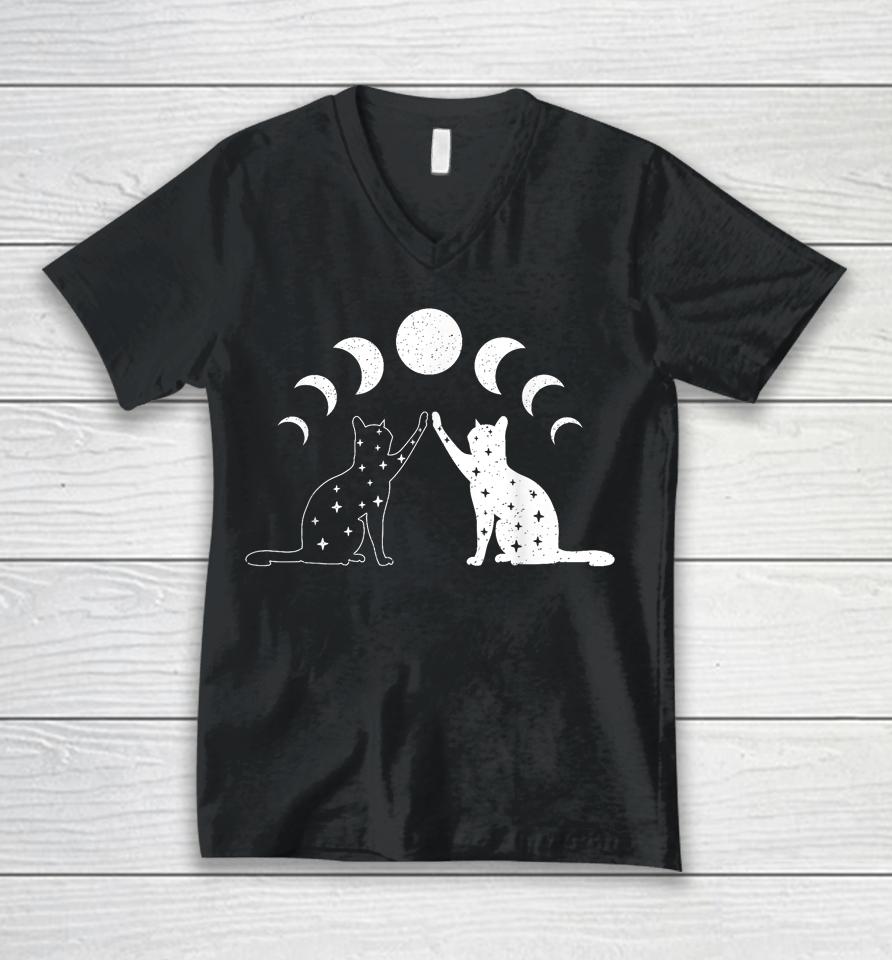 Cat Moon Vintage Witchy Cat Lovers And Celestial Enthusiasts Unisex V-Neck T-Shirt
