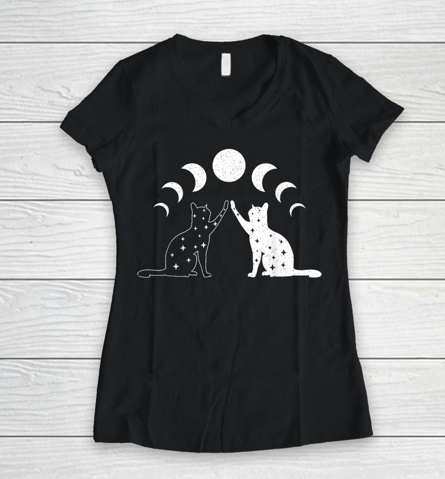 Cat Moon Vintage Witchy Cat Lovers And Celestial Enthusiasts Women V-Neck T-Shirt