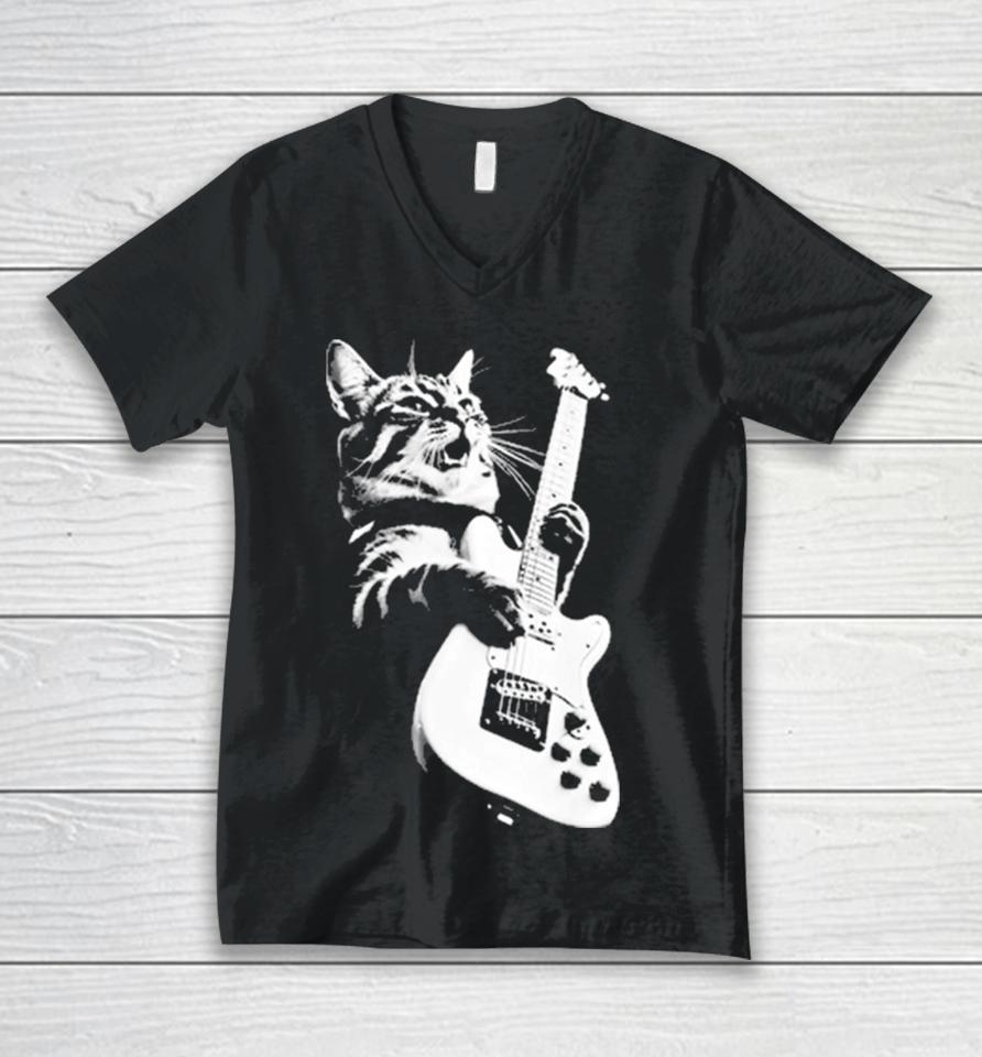 Cat Playing Guitar Kitten Plays Guitarist Rockstar Unisex V-Neck T-Shirt