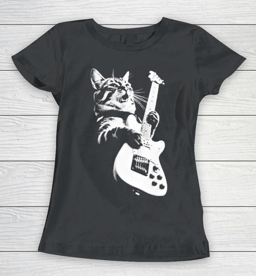 Cat Playing Guitar Kitten Plays Guitarist Rockstar Women T-Shirt