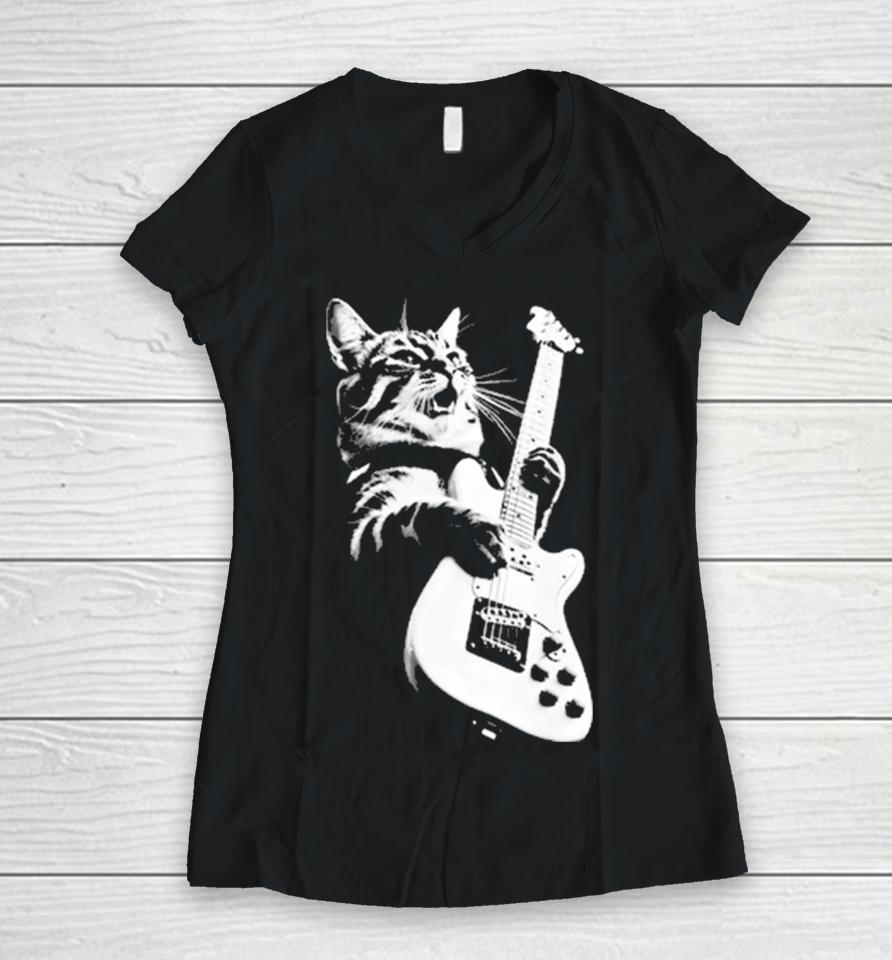 Cat Playing Guitar Kitten Plays Guitarist Rockstar Women V-Neck T-Shirt