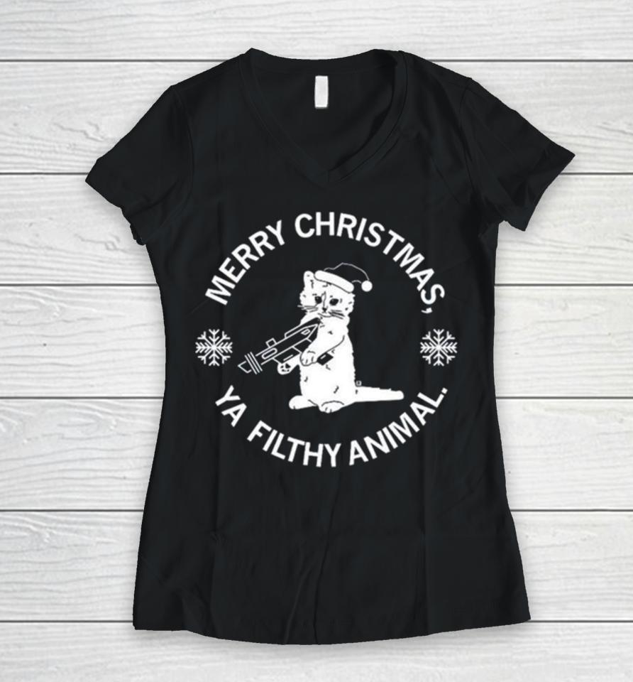 Cat Santa Merry Christmas Ya Filthy Animal Women V-Neck T-Shirt