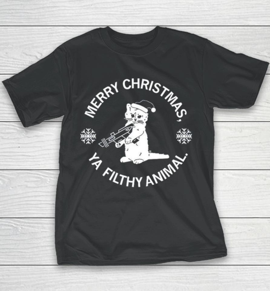 Cat Santa Merry Christmas Ya Filthy Animal Youth T-Shirt