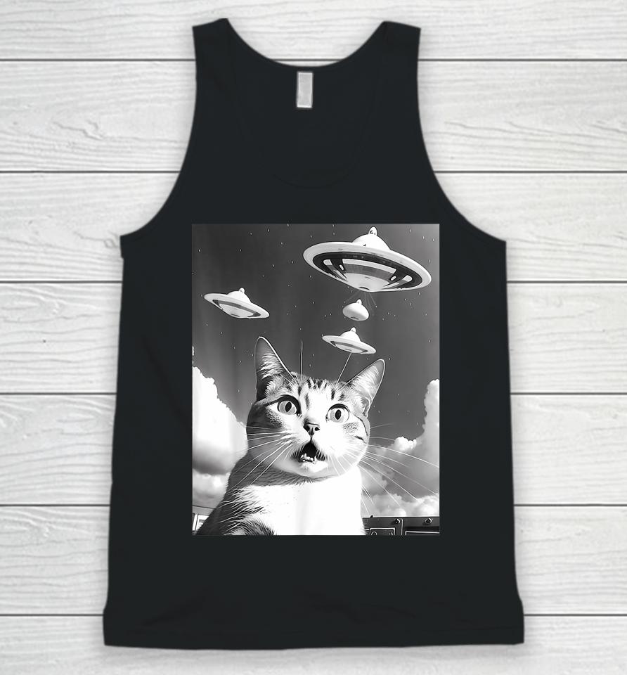 Cat Selfie With Alien Ufo Spaceship Funny Cat Lovers Unisex Tank Top