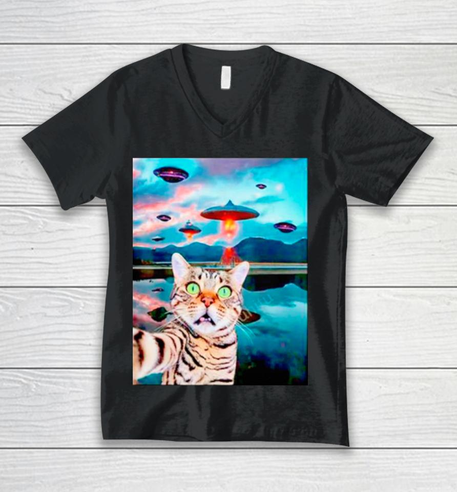 Cat Selfie With Ufos Funny Unisex V-Neck T-Shirt