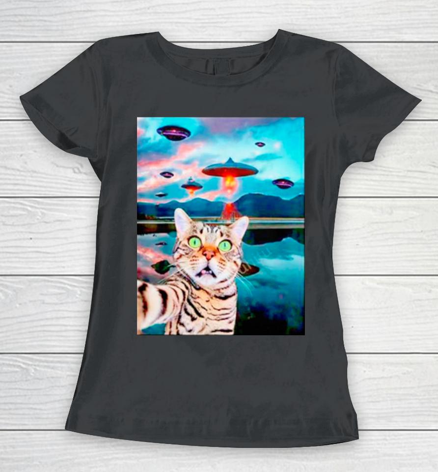 Cat Selfie With Ufos Funny Women T-Shirt