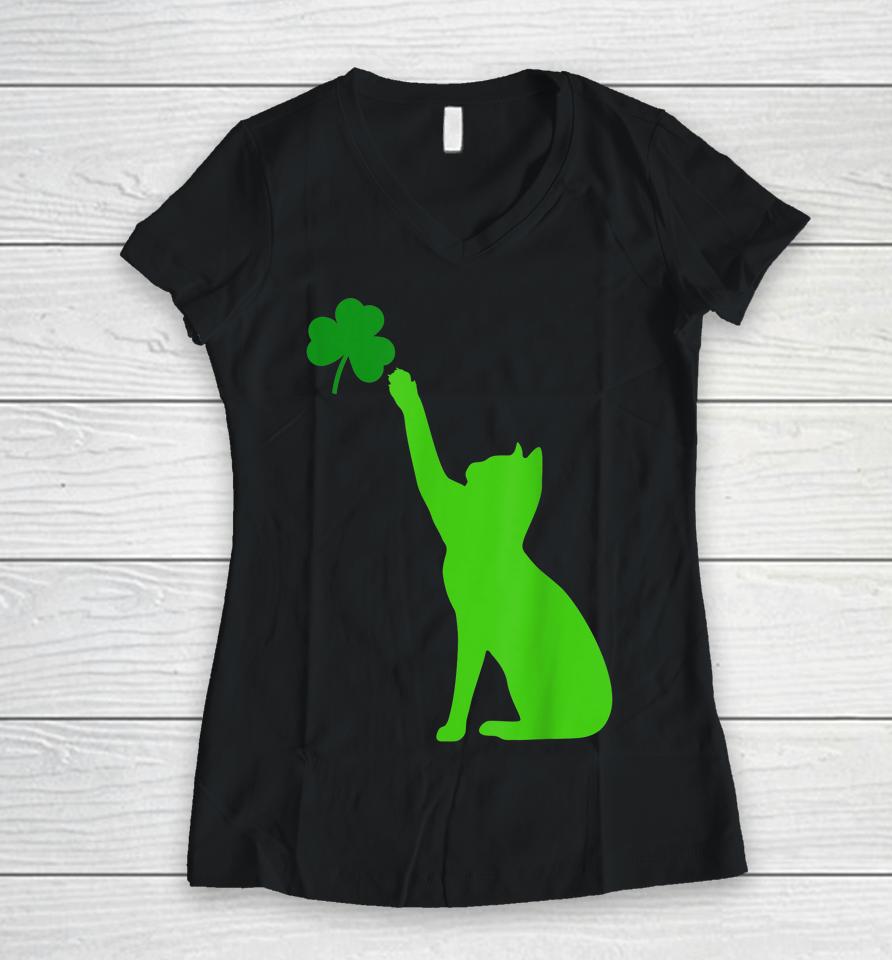 Cat Shamrock Saint Patrick's Day Women V-Neck T-Shirt