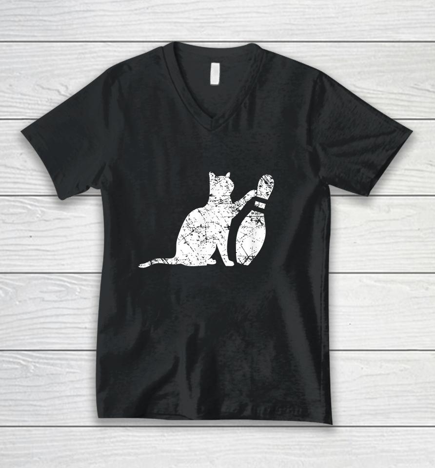 Cat Tipping Bowling Pin Unisex V-Neck T-Shirt