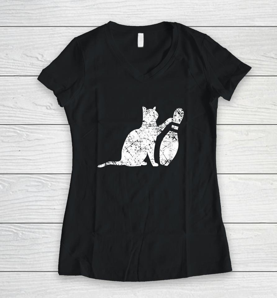 Cat Tipping Bowling Pin Women V-Neck T-Shirt