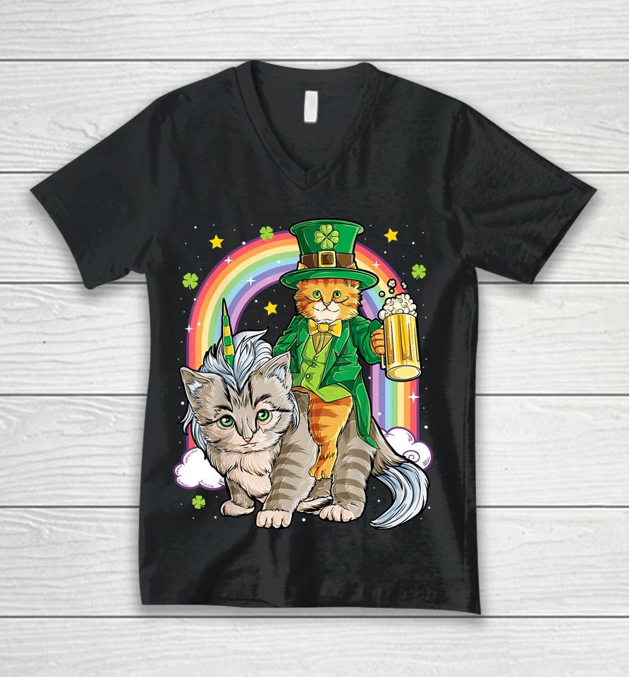 Cat Unicorn Leprechaun St Patricks Caticorn Beer Unisex V-Neck T-Shirt