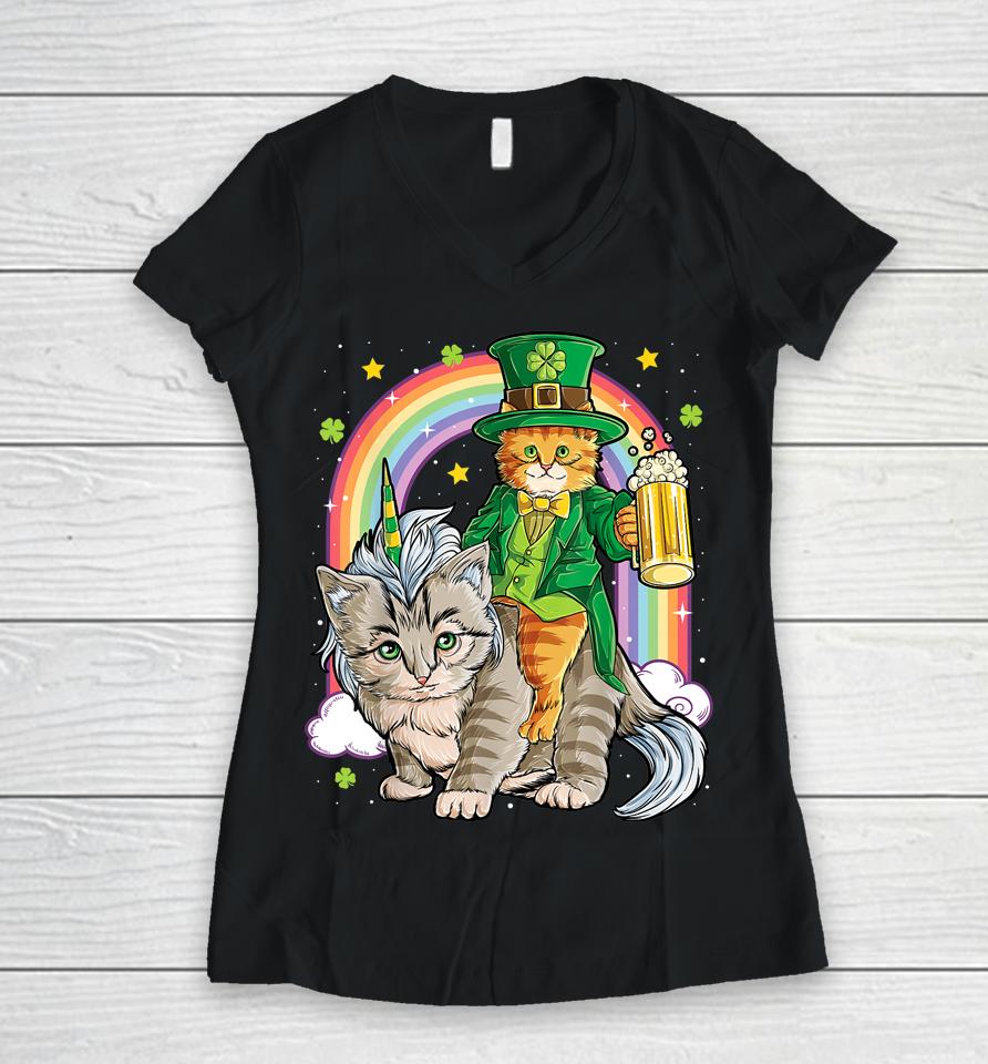 Cat Unicorn Leprechaun St Patricks Caticorn Beer Women V-Neck T-Shirt