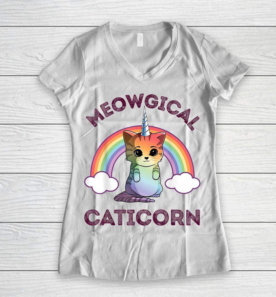 Cat Unicorn Meowgical Caticorn Women V-Neck T-Shirt