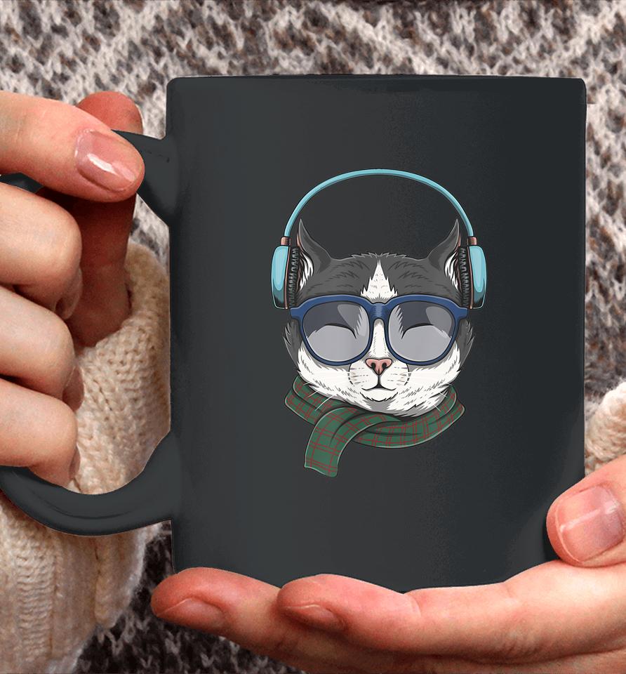 Cat Wears Headphones Illustration Coffee Mug
