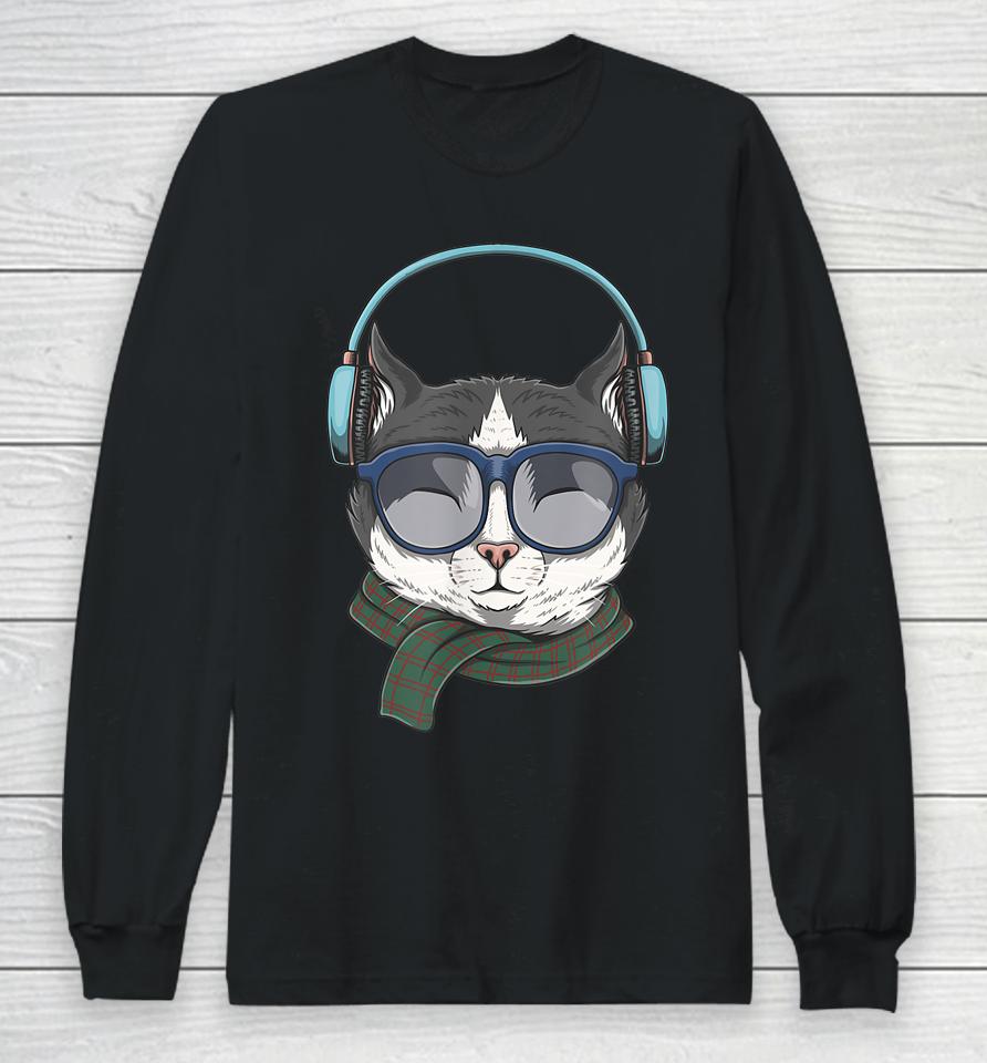 Cat Wears Headphones Illustration Long Sleeve T-Shirt