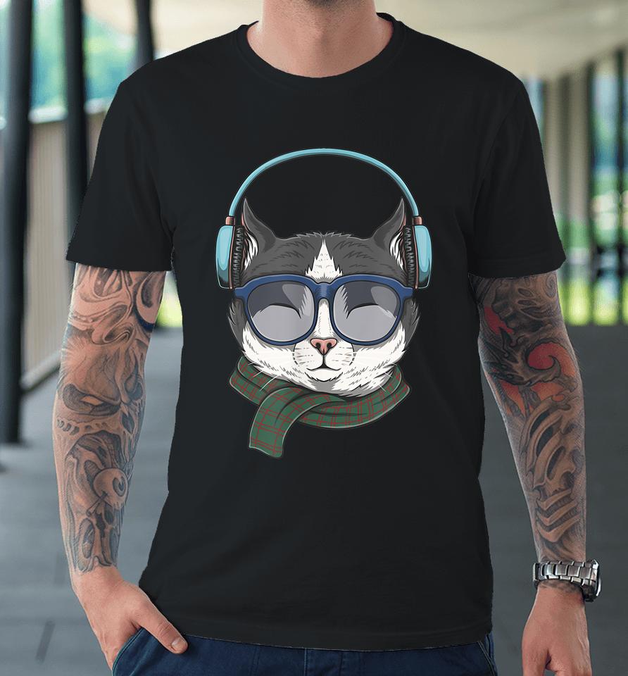 Cat Wears Headphones Illustration Premium T-Shirt