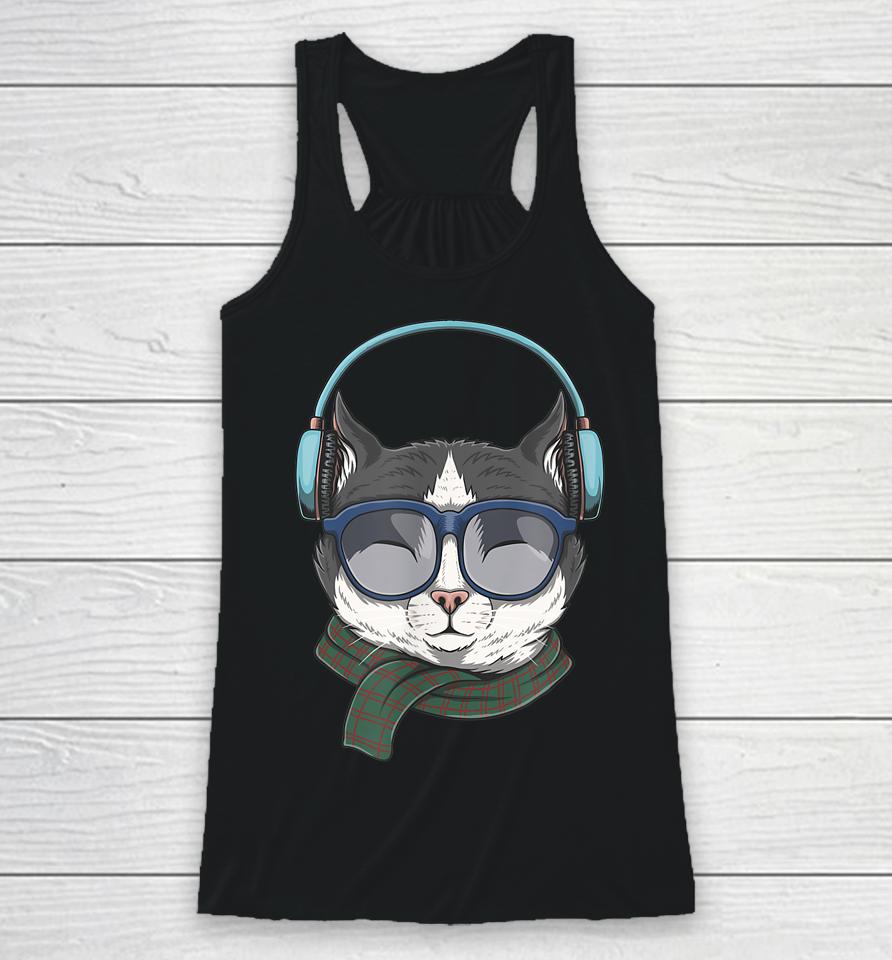 Cat Wears Headphones Illustration Racerback Tank