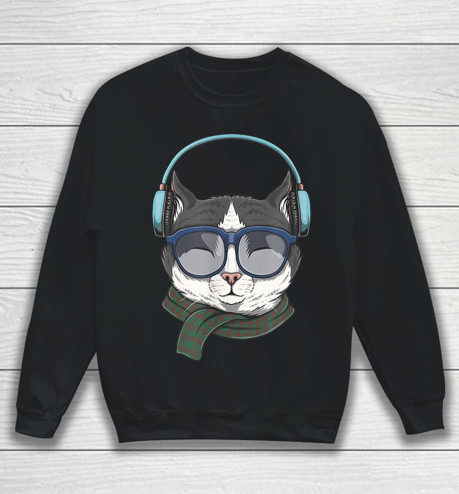 Cat Wears Headphones Illustration Sweatshirt