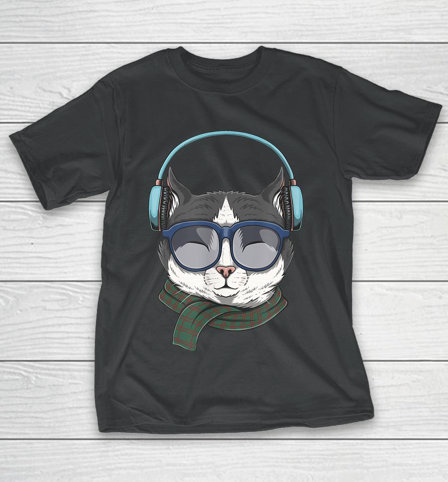 Cat Wears Headphones Illustration T-Shirt