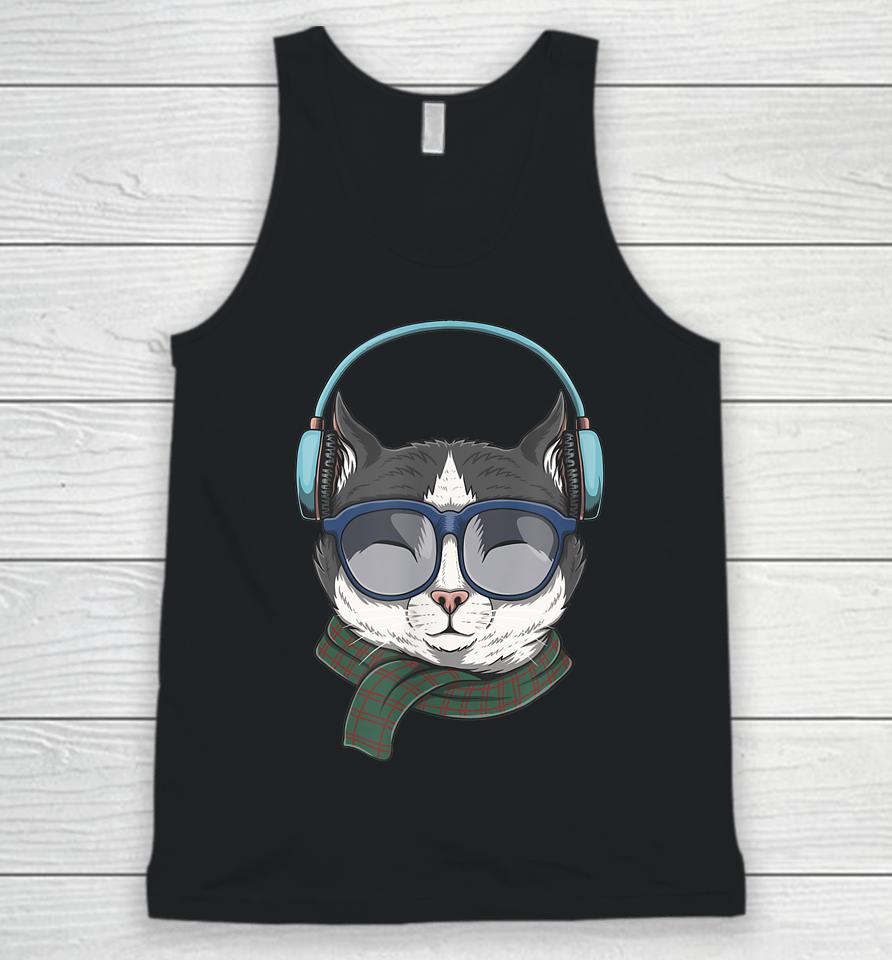 Cat Wears Headphones Illustration Unisex Tank Top
