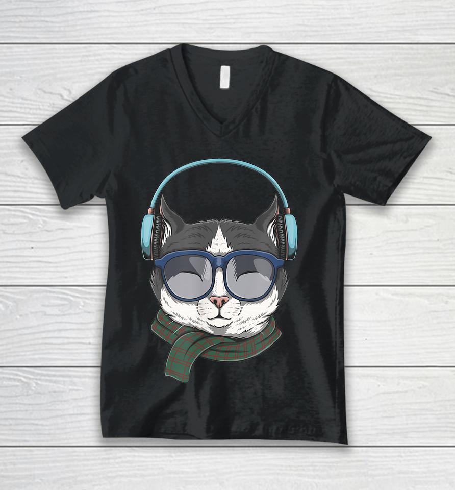 Cat Wears Headphones Illustration Unisex V-Neck T-Shirt