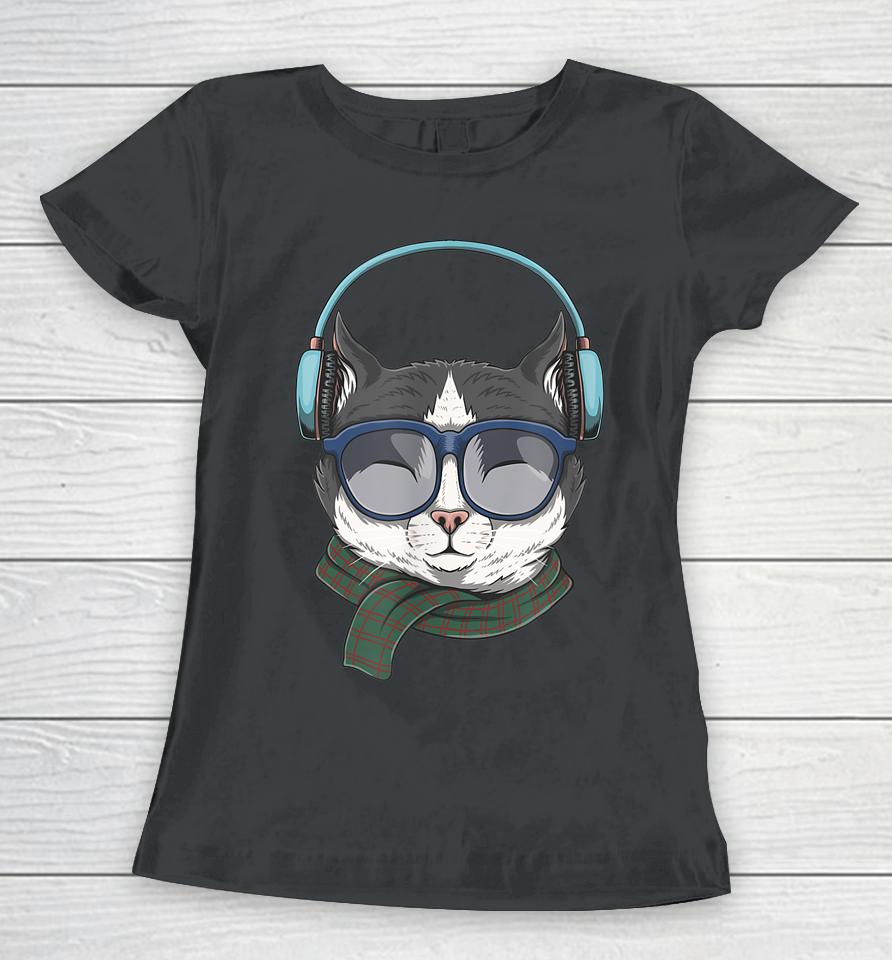 Cat Wears Headphones Illustration Women T-Shirt