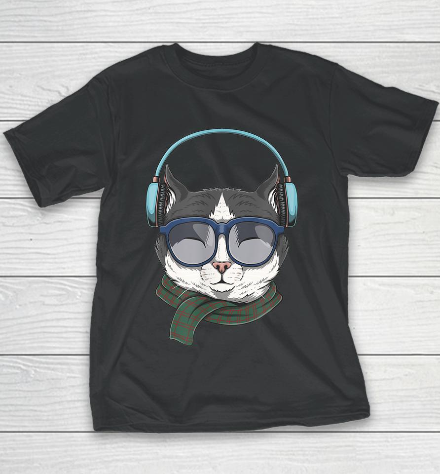 Cat Wears Headphones Illustration Youth T-Shirt