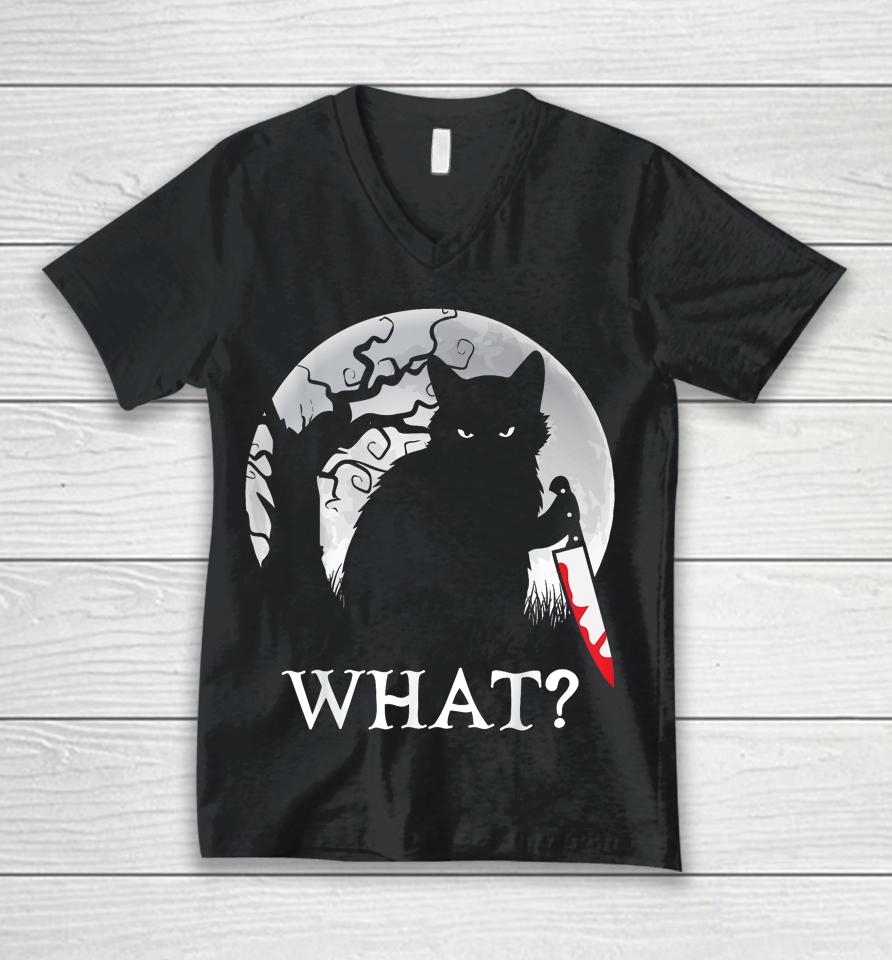 Cat What Murderous Black Cat Costume With Knife Halloween Unisex V-Neck T-Shirt