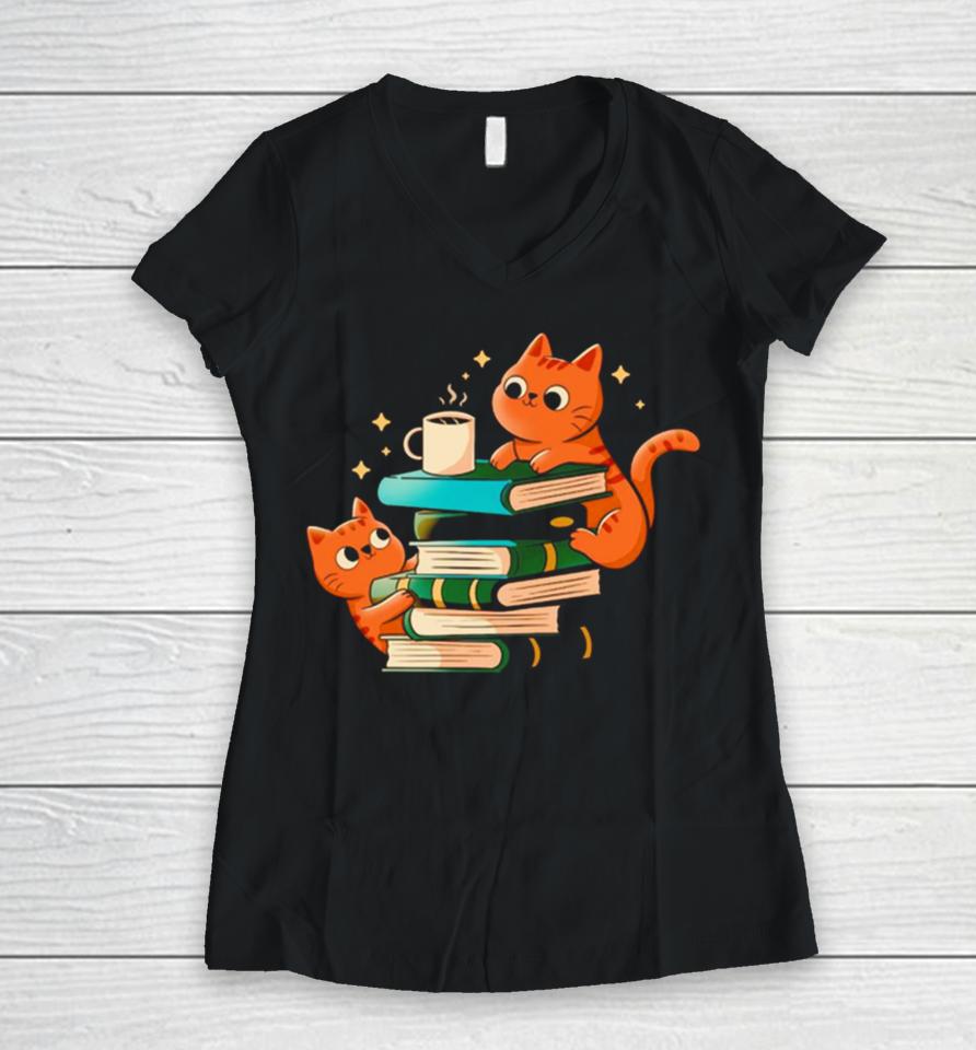 Cats Books And Coffee Women V-Neck T-Shirt