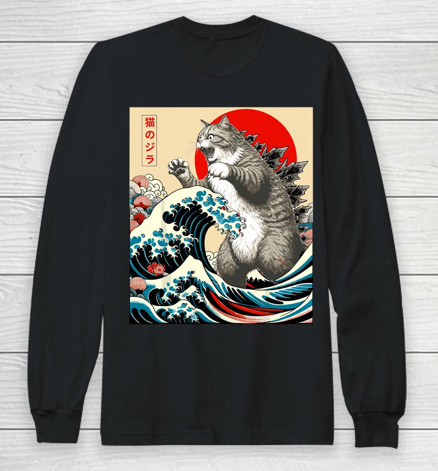 Catzilla Cat Japanese Art Funny Cat Long Sleeve T-Shirt
