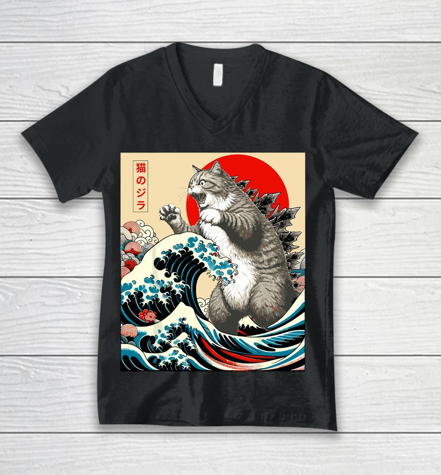 Catzilla Cat Japanese Art Funny Cat Unisex V-Neck T-Shirt