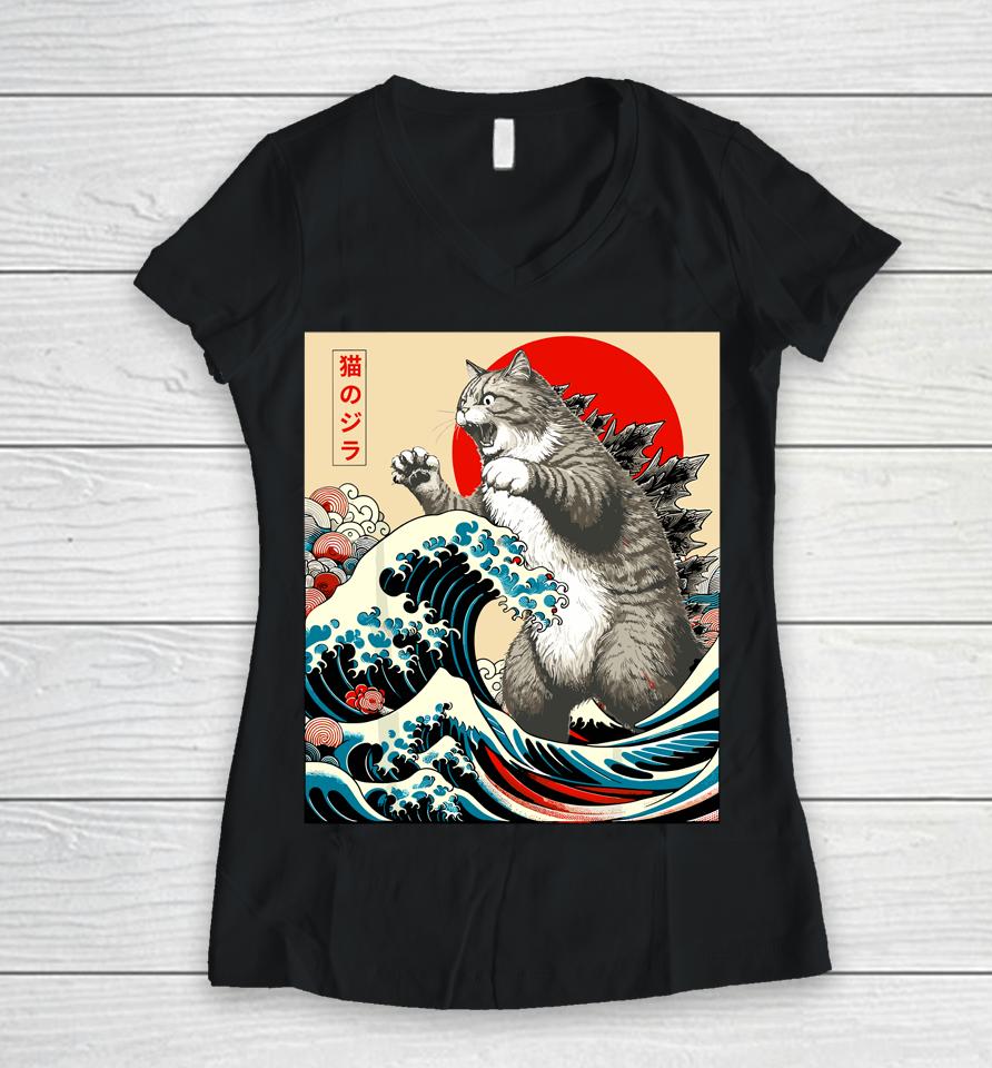 Catzilla Cat Japanese Art Funny Cat Women V-Neck T-Shirt