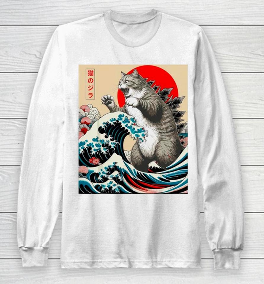 Catzilla Cat Japanese Art Funny Cat Long Sleeve T-Shirt