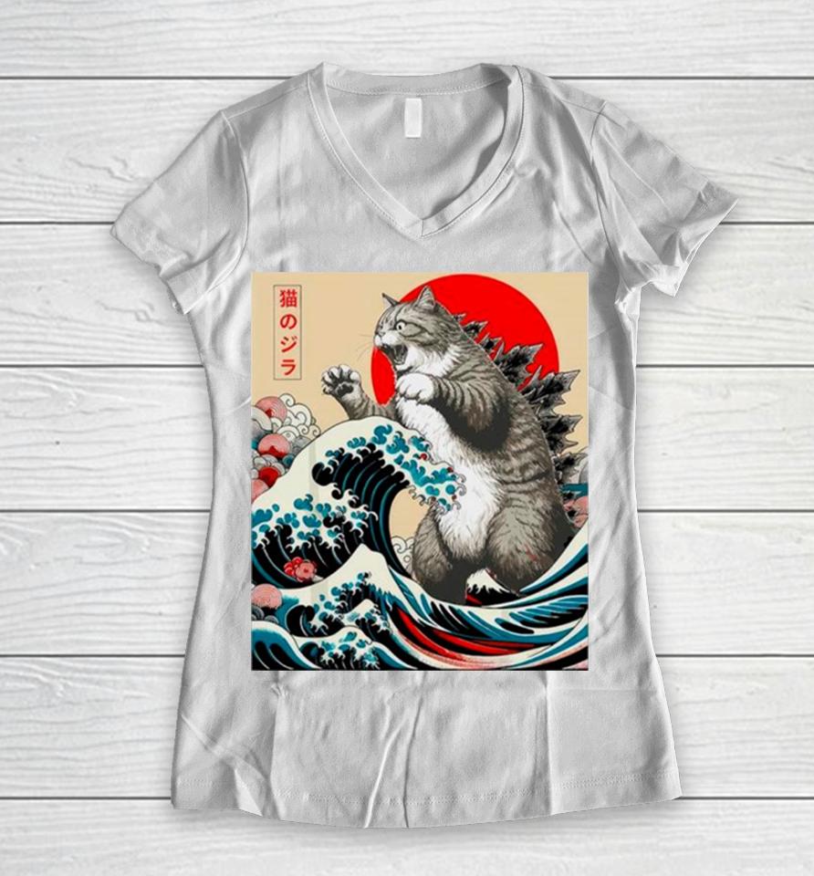 Catzilla Cat Japanese Art Funny Cat Women V-Neck T-Shirt