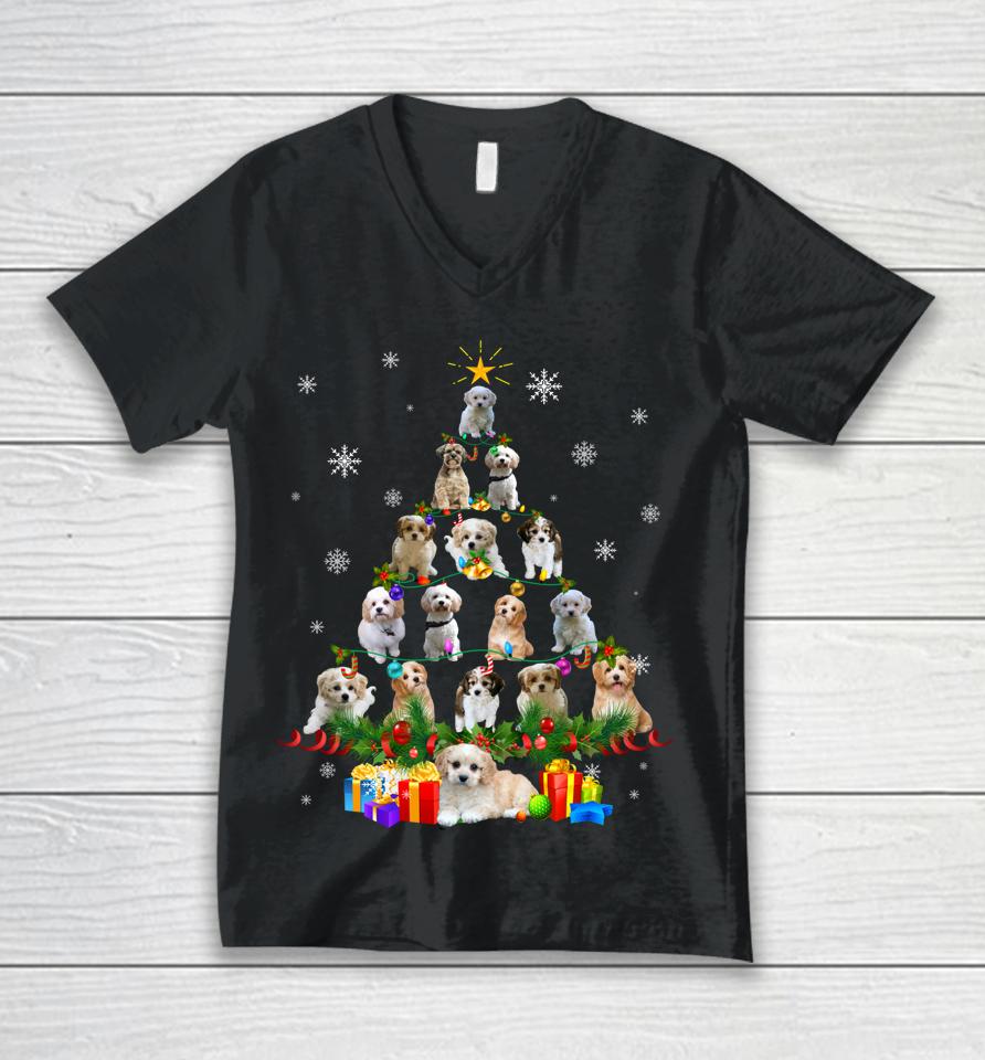 Cavachon Christmas Tree Lights Funny Lover Dog Xmas Pajamas Unisex V-Neck T-Shirt