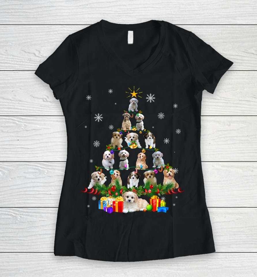 Cavachon Christmas Tree Lights Funny Lover Dog Xmas Pajamas Women V-Neck T-Shirt
