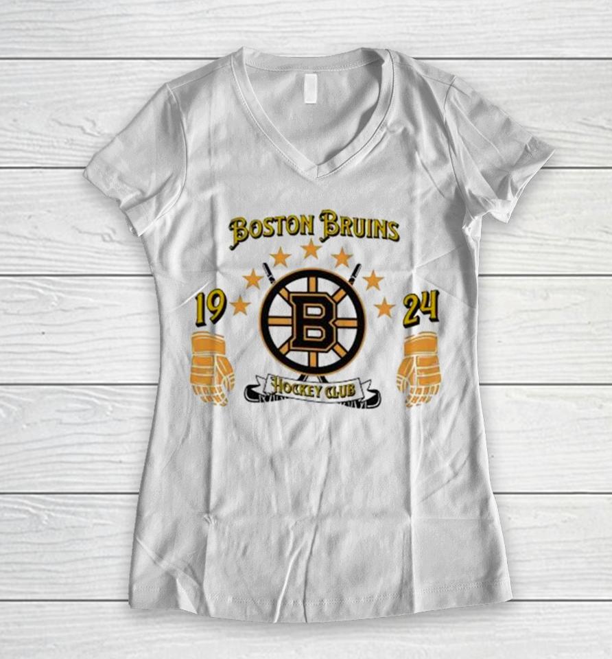 Celebrate 100 Year 1924 – 2024 Boston Bruins Logo Stars Women V-Neck T-Shirt