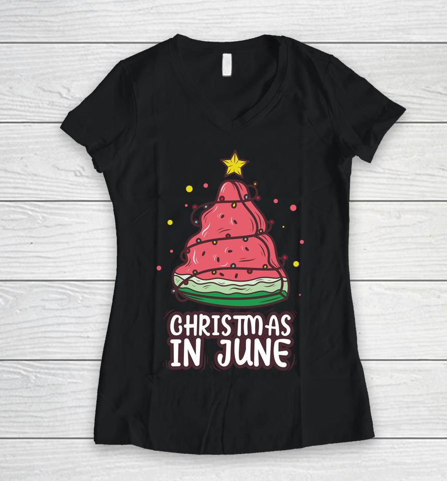 Celebrate Christmas In June With Watermelon Christmas Lights Women V-Neck T-Shirt