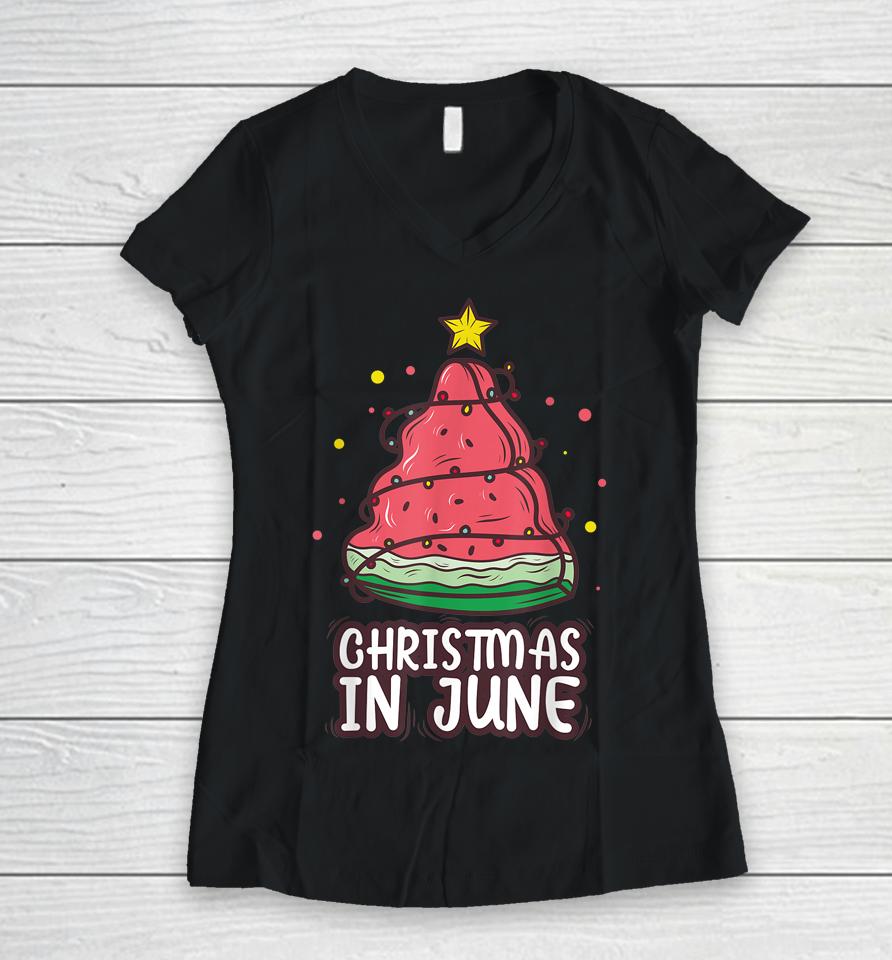 Celebrate Christmas In June With Watermelon Christmas Lights Women V-Neck T-Shirt