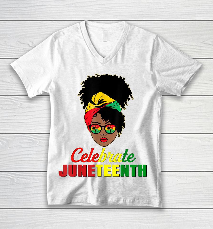 Celebrate Juneteenth Messy Bun Black Women Melanin Pride Unisex V-Neck T-Shirt
