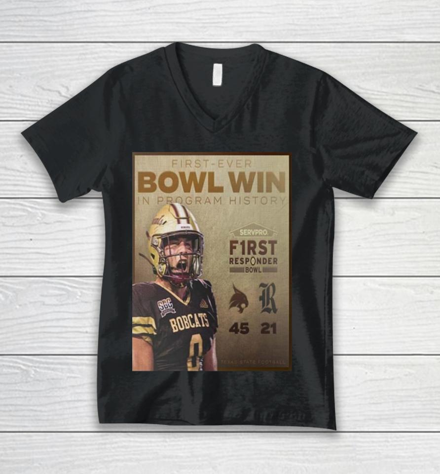 Celebrate Texas State Bobcats First Ever Bowl Win In Program History First Responder Bowl 2023 Champions Unisex V-Neck T-Shirt