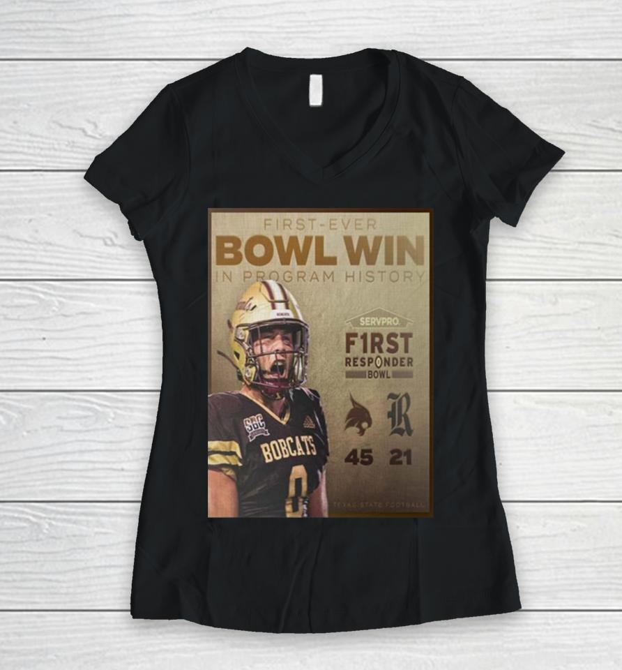 Celebrate Texas State Bobcats First Ever Bowl Win In Program History First Responder Bowl 2023 Champions Women V-Neck T-Shirt