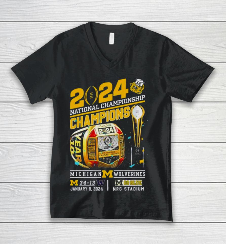 Championship Champions Michigan Wolverines 34 13 Washington Go Blue Rings Unisex V-Neck T-Shirt